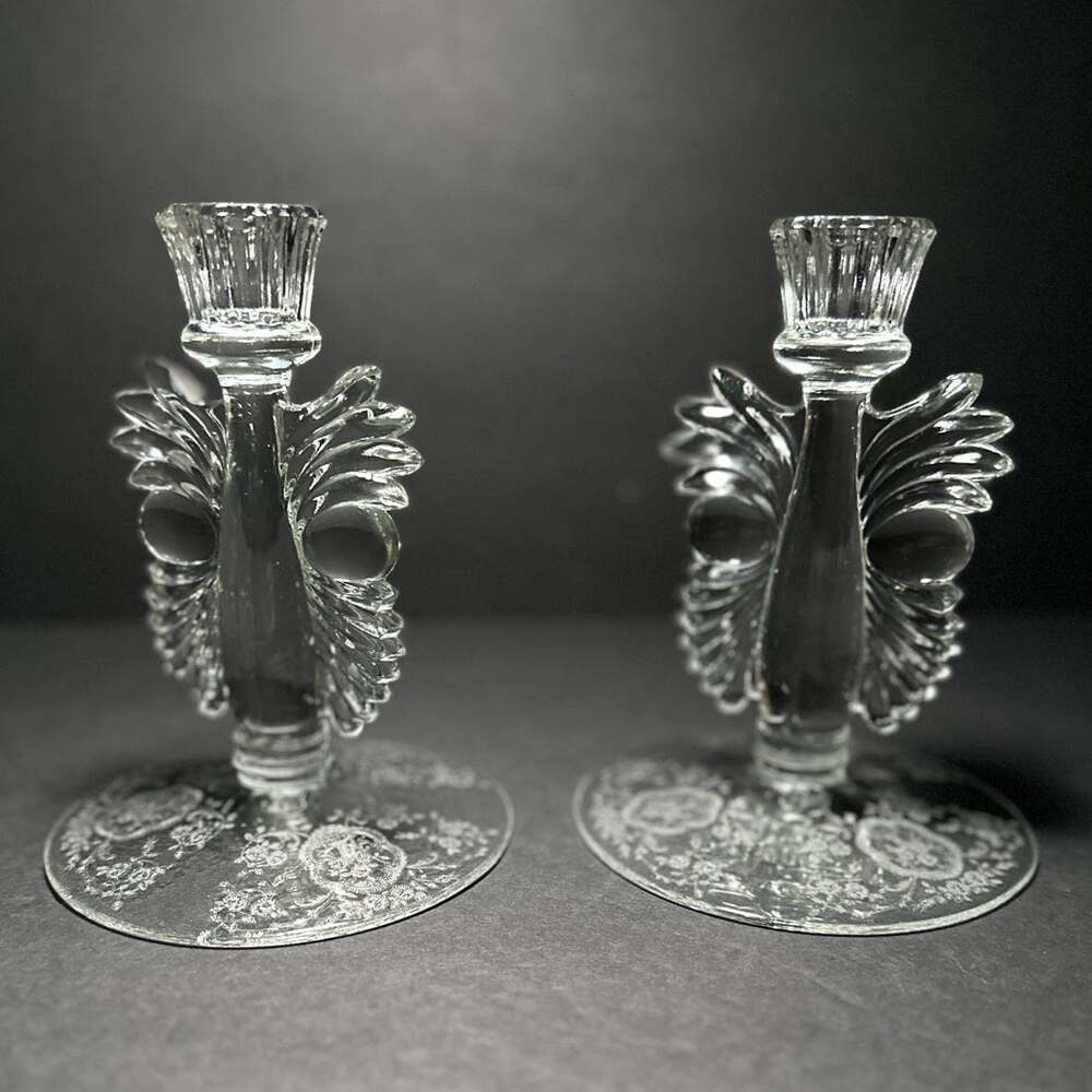 1930s Pair of Paden City "Maya" X Glastonbury-Lotus Elegant Glass Candlesticks